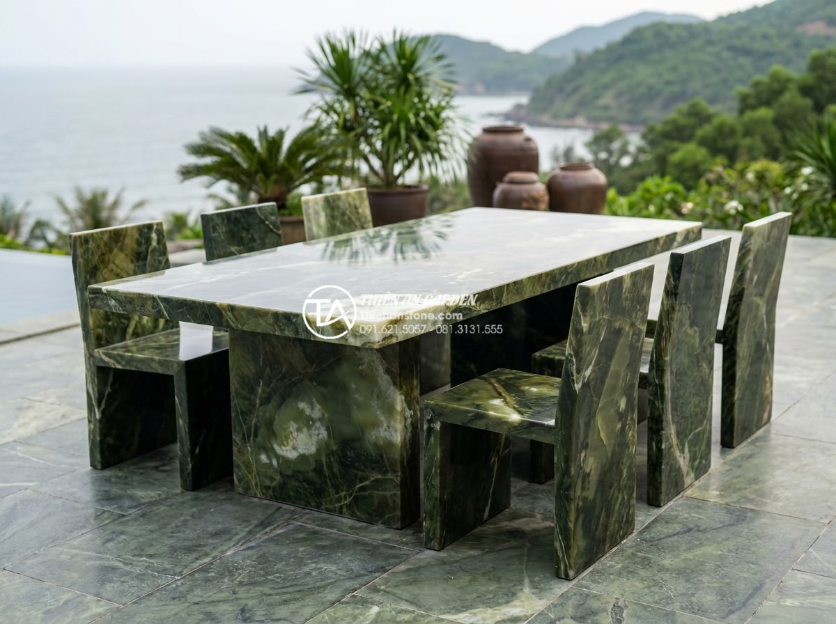 Địa chỉ mua bàn ghế đá tự nhiên uy tín tại Ninh Bình và Thanh Hóa - Hình 4 Địa chỉ mua bàn ghế đá tự nhiên uy tín tại Ninh Bình và Thanh Hóa - Modern minimalist natural stone outdoor dining set made from polished grey grani