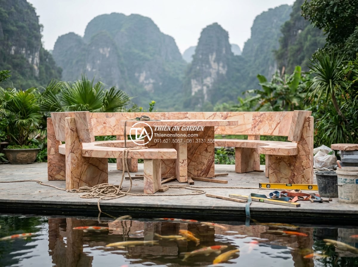 Địa chỉ mua bàn ghế đá tự nhiên uy tín tại Ninh Bình và Thanh Hóa - Hình 5 Địa chỉ mua bàn ghế đá tự nhiên uy tín tại Ninh Bình và Thanh Hóa - Professional team from Thien An Stone installing custom natural stone garden fur