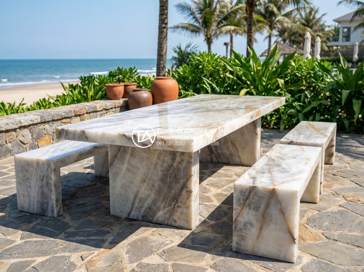 Địa chỉ mua bàn ghế đá tự nhiên uy tín tại Ninh Bình và Thanh Hóa - Hình 7 Địa chỉ mua bàn ghế đá tự nhiên uy tín tại Ninh Bình và Thanh Hóa - Completed luxury natural stone garden furniture installation at a 5-star beach r