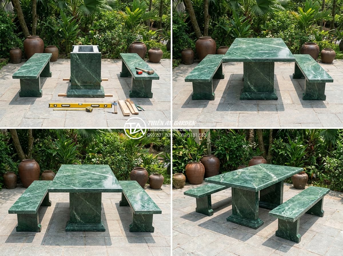 Địa chỉ mua bàn ghế đá tự nhiên uy tín tại Ninh Bình và Thanh Hóa - Hình 8 Địa chỉ mua bàn ghế đá tự nhiên uy tín tại Ninh Bình và Thanh Hóa - Step-by-step professional installation process of custom natural stone garden be