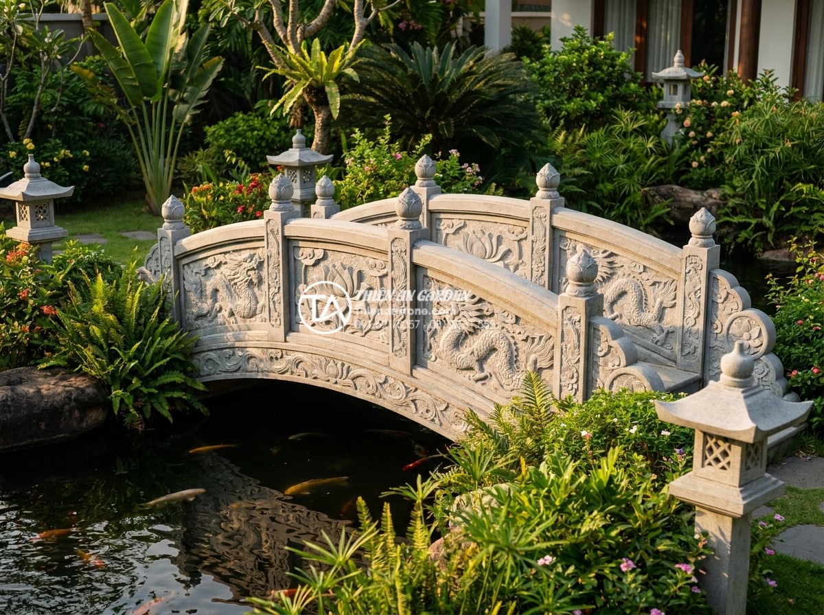Địa chỉ xưởng điêu khắc cầu đá mỹ nghệ uy tín, giá gốc tại Ninh Bình - Hình 1 Địa chỉ xưởng điêu khắc cầu đá mỹ nghệ uy tín, giá gốc tại Ninh Bình - Professional high-resolution photograph of an elegant hand-carved natural stone