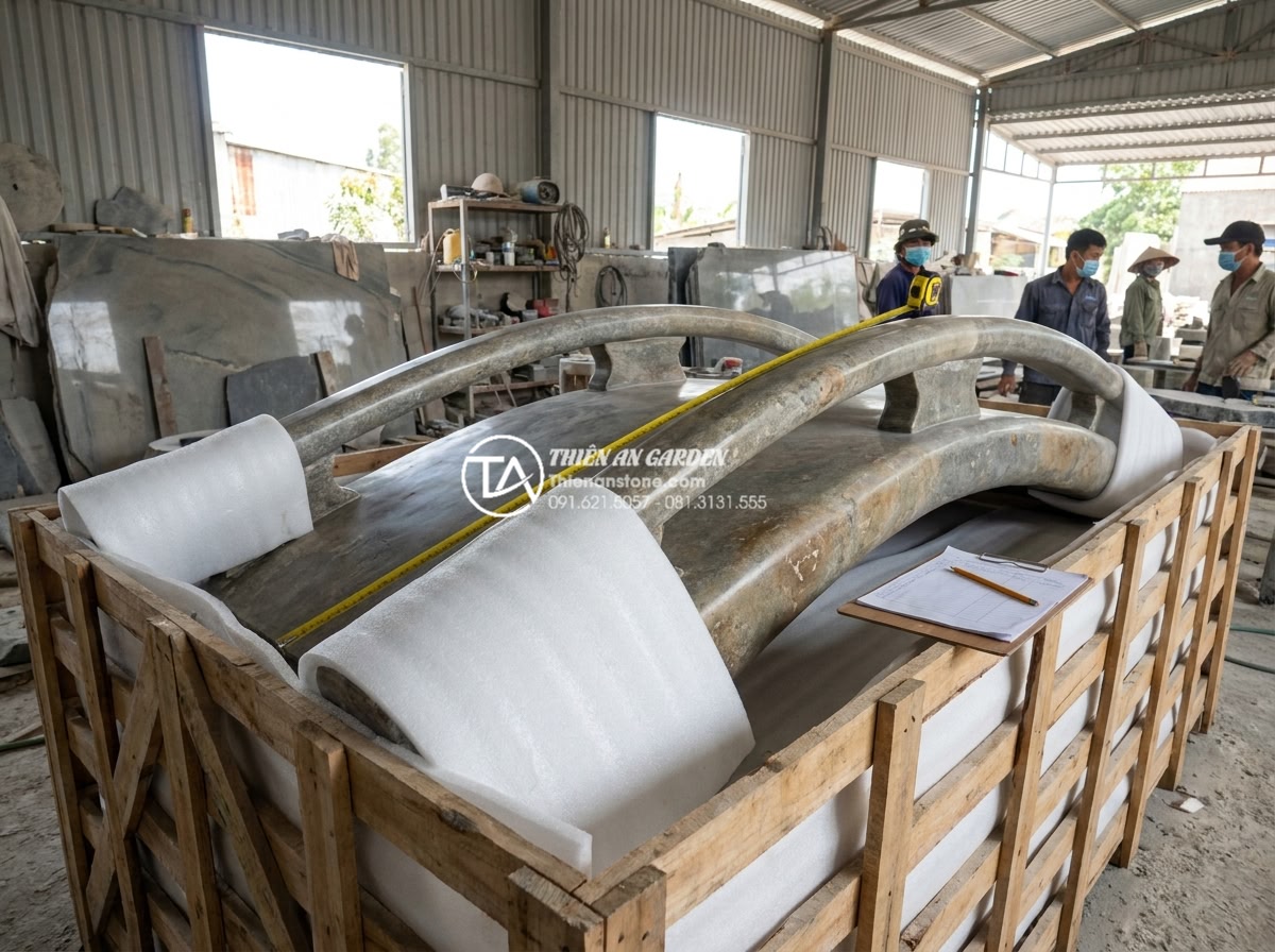 Địa chỉ xưởng điêu khắc cầu đá mỹ nghệ uy tín, giá gốc tại Ninh Bình - Hình 11 Địa chỉ xưởng điêu khắc cầu đá mỹ nghệ uy tín, giá gốc tại Ninh Bình - Finished hand carved stone garden bridge ready for shipping, wrapped in protecti