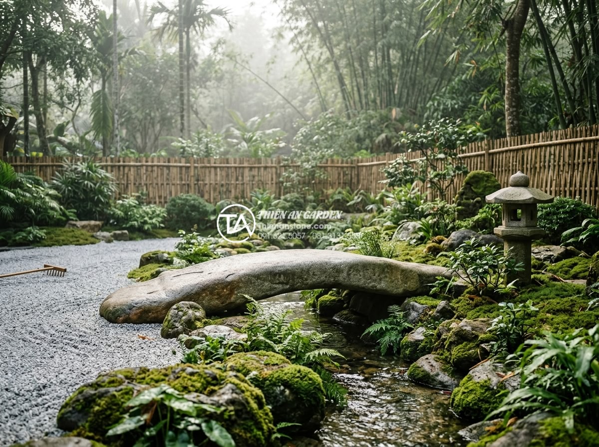 Địa chỉ xưởng điêu khắc cầu đá mỹ nghệ uy tín, giá gốc tại Ninh Bình - Hình 14 Địa chỉ xưởng điêu khắc cầu đá mỹ nghệ uy tín, giá gốc tại Ninh Bình - Traditional Japanese style low stone bridge in a zen garden setting with raked g