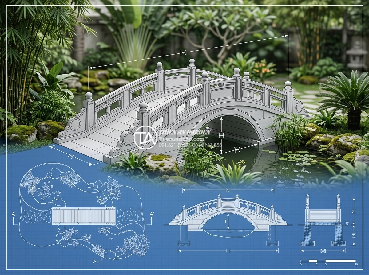 Địa chỉ xưởng điêu khắc cầu đá mỹ nghệ uy tín, giá gốc tại Ninh Bình - Hình 20 Địa chỉ xưởng điêu khắc cầu đá mỹ nghệ uy tín, giá gốc tại Ninh Bình - Technical diagram showing correct proportions and placement of stone garden brid