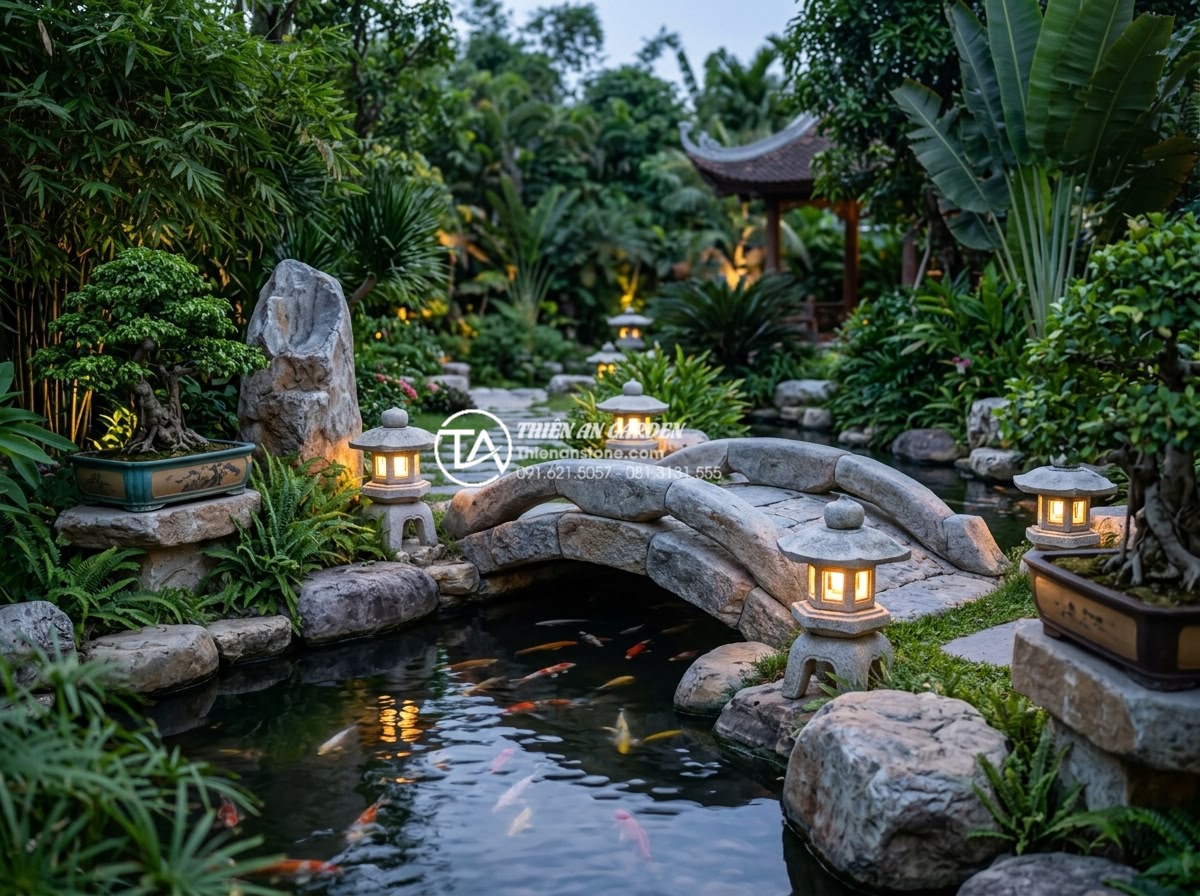 Địa chỉ xưởng điêu khắc cầu đá mỹ nghệ uy tín, giá gốc tại Ninh Bình - Hình 22 Địa chỉ xưởng điêu khắc cầu đá mỹ nghệ uy tín, giá gốc tại Ninh Bình - Beautifully designed garden scene featuring a stone bridge combined with Japanes