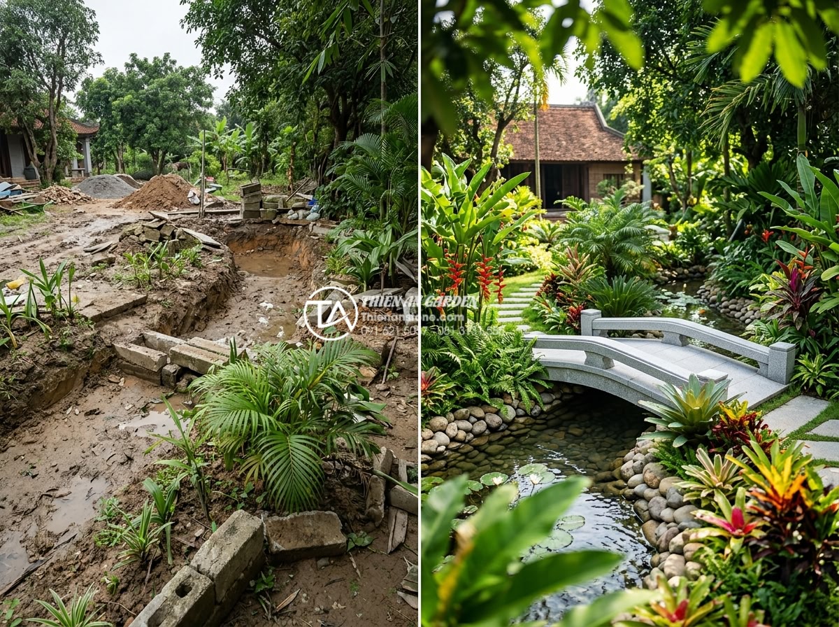 Địa chỉ xưởng điêu khắc cầu đá mỹ nghệ uy tín, giá gốc tại Ninh Bình - Hình 24 Địa chỉ xưởng điêu khắc cầu đá mỹ nghệ uy tín, giá gốc tại Ninh Bình - Completed luxury garden project with beautifully installed stone bridge, happy c