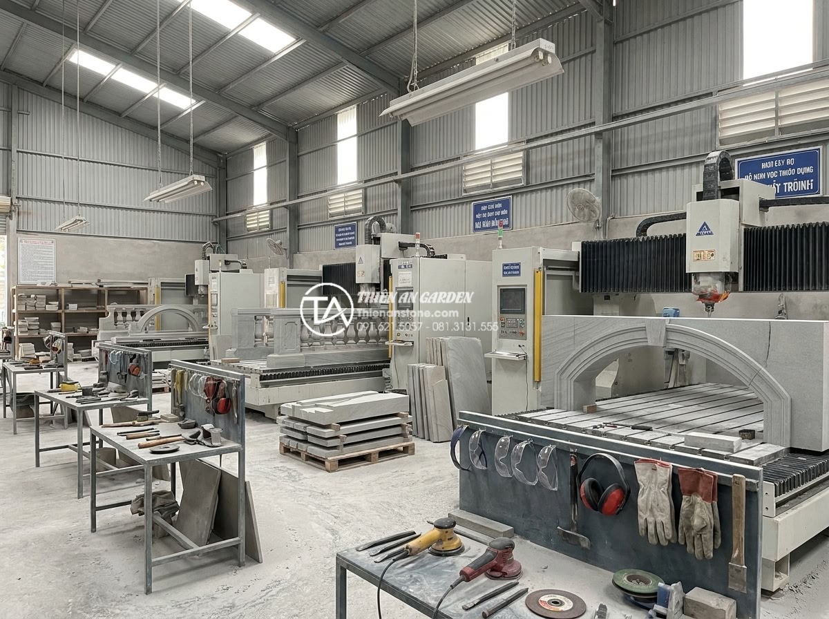 Địa chỉ xưởng điêu khắc cầu đá mỹ nghệ uy tín, giá gốc tại Ninh Bình - Hình 6 Địa chỉ xưởng điêu khắc cầu đá mỹ nghệ uy tín, giá gốc tại Ninh Bình - Interior of professional stone workshop showing rows of CNC machines carving lar