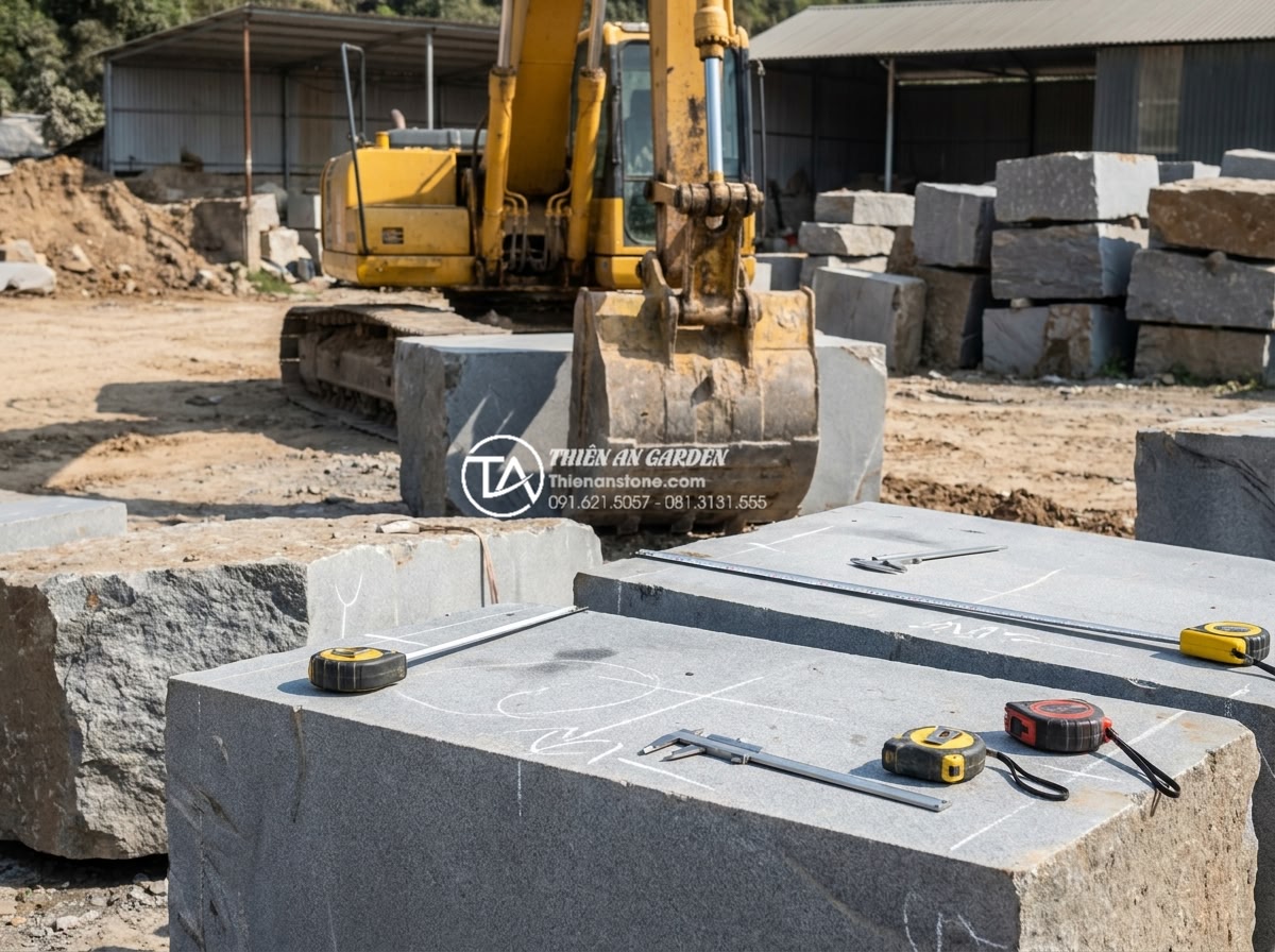 Địa chỉ xưởng điêu khắc cầu đá mỹ nghệ uy tín, giá gốc tại Ninh Bình - Hình 9 Địa chỉ xưởng điêu khắc cầu đá mỹ nghệ uy tín, giá gốc tại Ninh Bình - Large raw granite stone blocks being unloaded and inspected at Đá Cảnh Thiên An