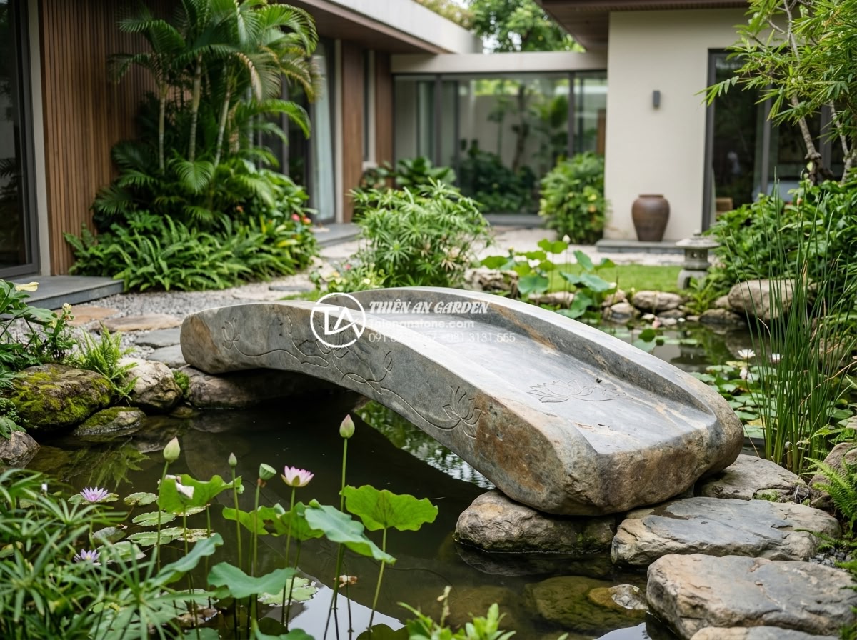 Giải đáp: Thời gian thi công một mẫu cầu đá chạm khắc mất bao lâu? - Hình 10 Giải đáp: Thời gian thi công một mẫu cầu đá chạm khắc mất bao lâu? - Stunning modern minimalist carved stone garden bridge with clean lines and subtl