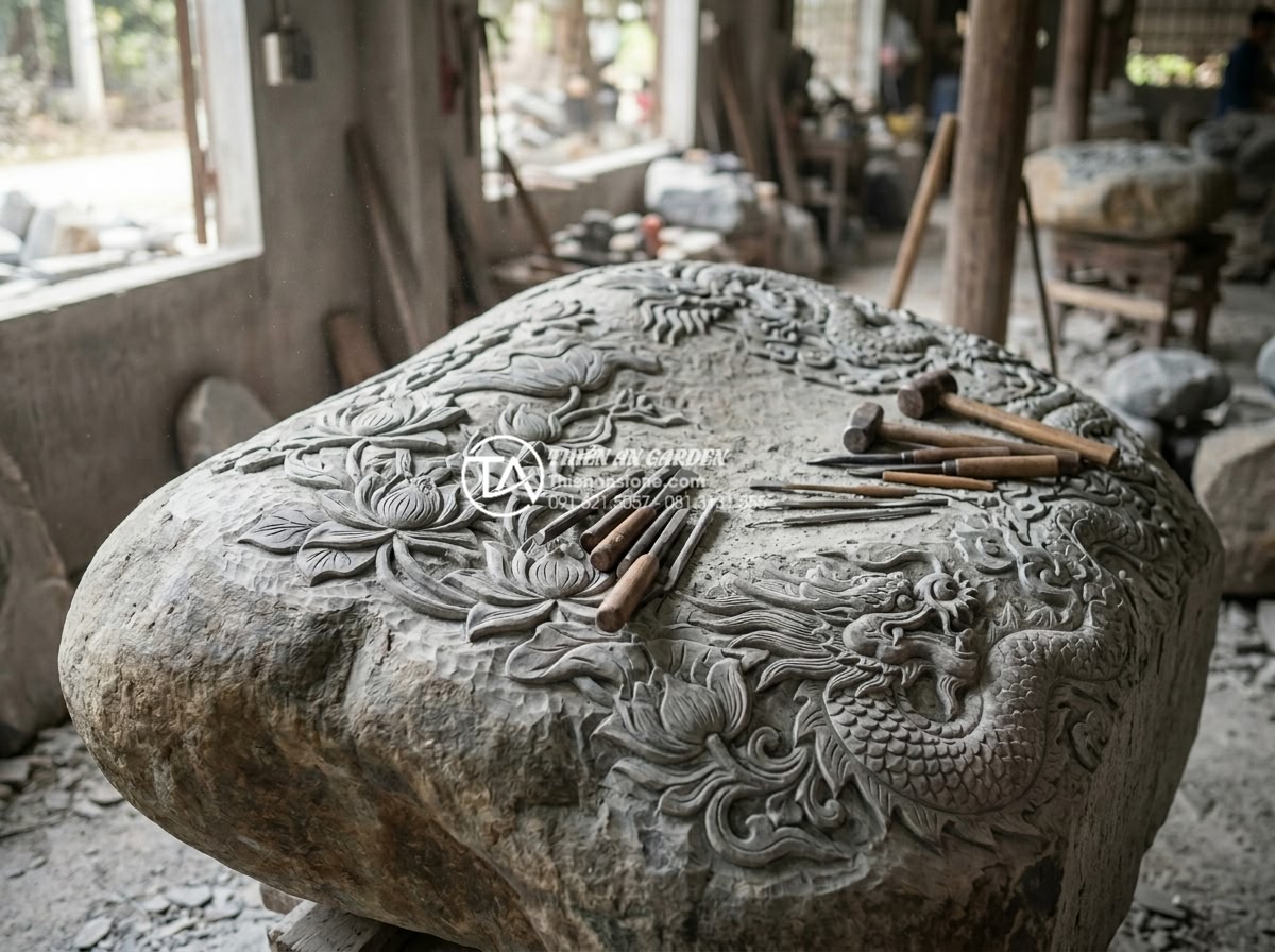 Giải đáp: Thời gian thi công một mẫu cầu đá chạm khắc mất bao lâu? - Hình 2 Giải đáp: Thời gian thi công một mẫu cầu đá chạm khắc mất bao lâu? - Detailed close-up professional image of master stone carvers working on intricat