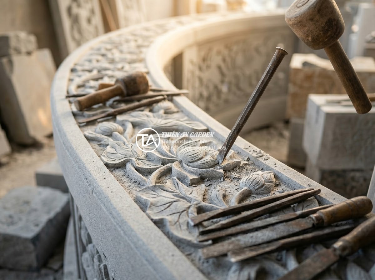 Giải đáp: Thời gian thi công một mẫu cầu đá chạm khắc mất bao lâu? - Hình 6 Giải đáp: Thời gian thi công một mẫu cầu đá chạm khắc mất bao lâu? - Artisan master carver meticulously hand-chiseling intricate lotus flower pattern