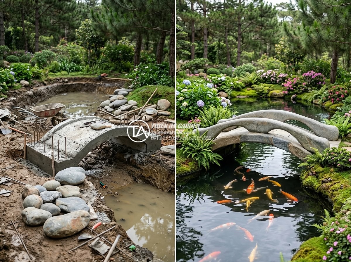 Giải đáp: Thời gian thi công một mẫu cầu đá chạm khắc mất bao lâu? - Hình 8 Giải đáp: Thời gian thi công một mẫu cầu đá chạm khắc mất bao lâu? - Before and after professional comparison photo of a stunning completed stone bri