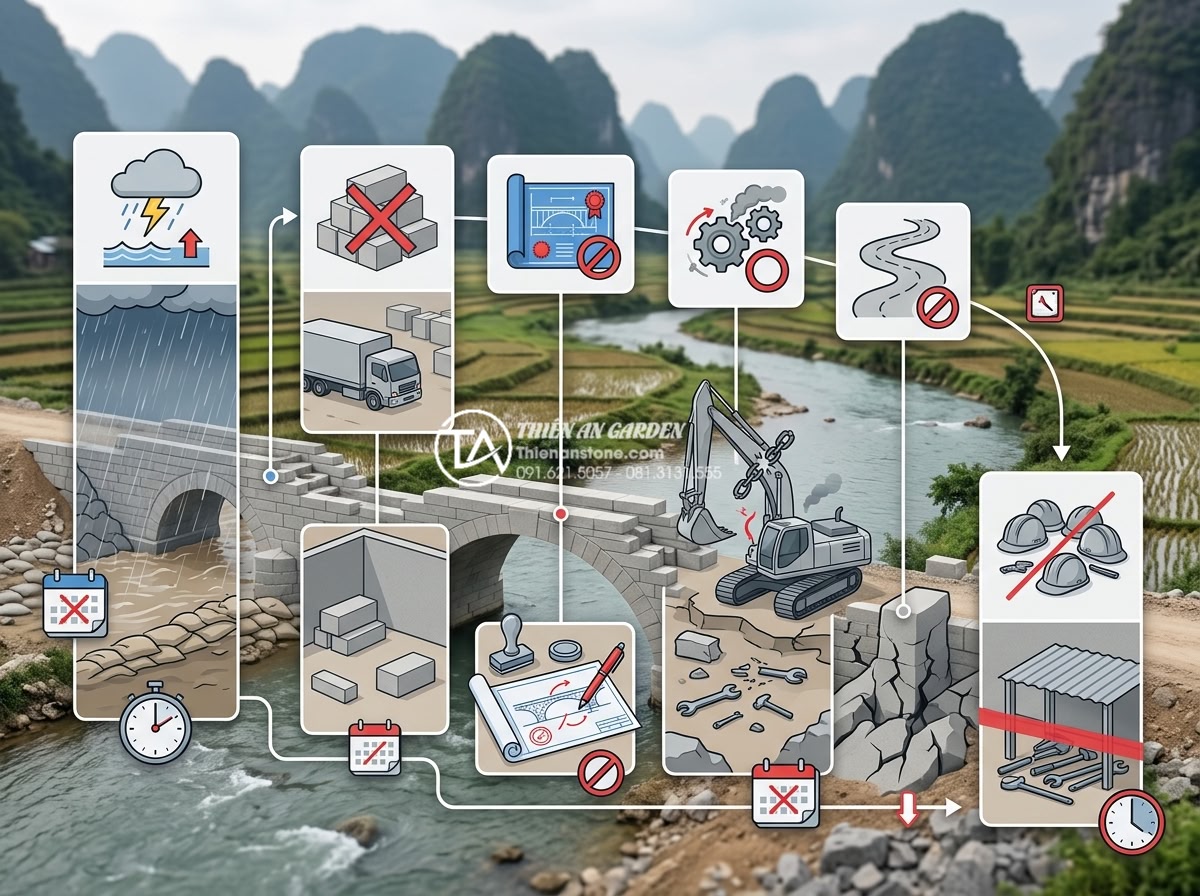 Giải đáp: Thời gian thi công một mẫu cầu đá chạm khắc mất bao lâu? - Hình 9 Giải đáp: Thời gian thi công một mẫu cầu đá chạm khắc mất bao lâu? - Professional infographic style image illustrating common project delay causes fo