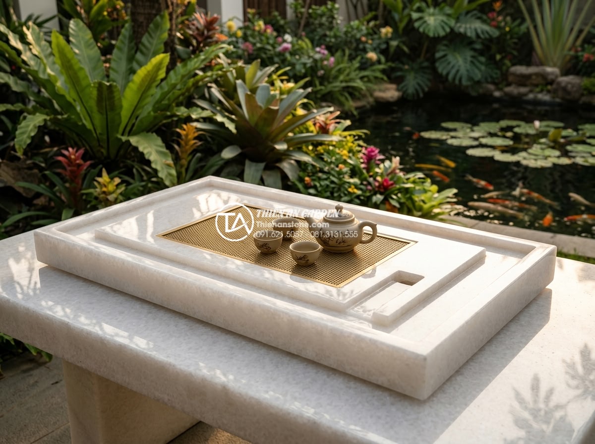 Hướng dẫn 5 bước bảo quản và vệ sinh mặt bàn trà bằng đá luôn sáng bóng - Elegant final lifestyle photograph of a beautifully restored shiny natural stone