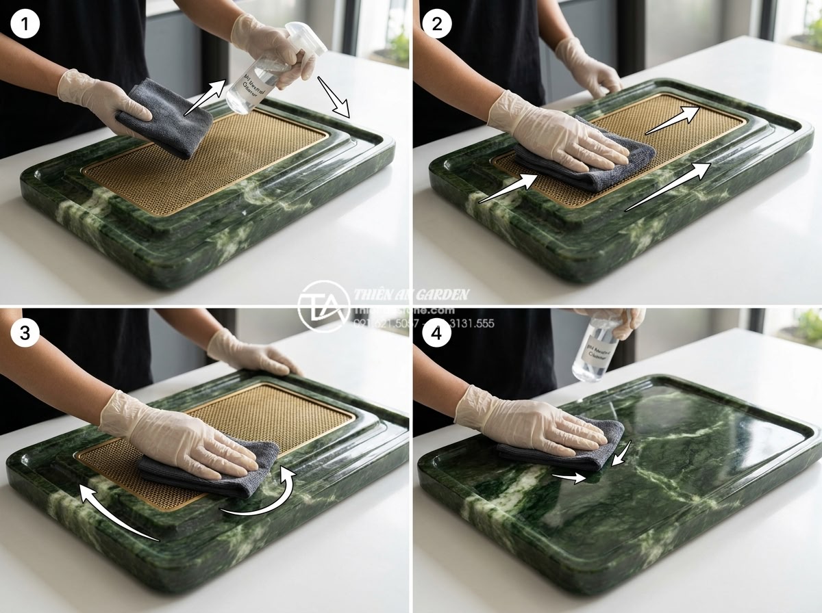 Hướng dẫn 5 bước bảo quản và vệ sinh mặt bàn trà bằng đá luôn sáng bóng - Step-by-step instructional image showing hands wearing gloves using a microfiber