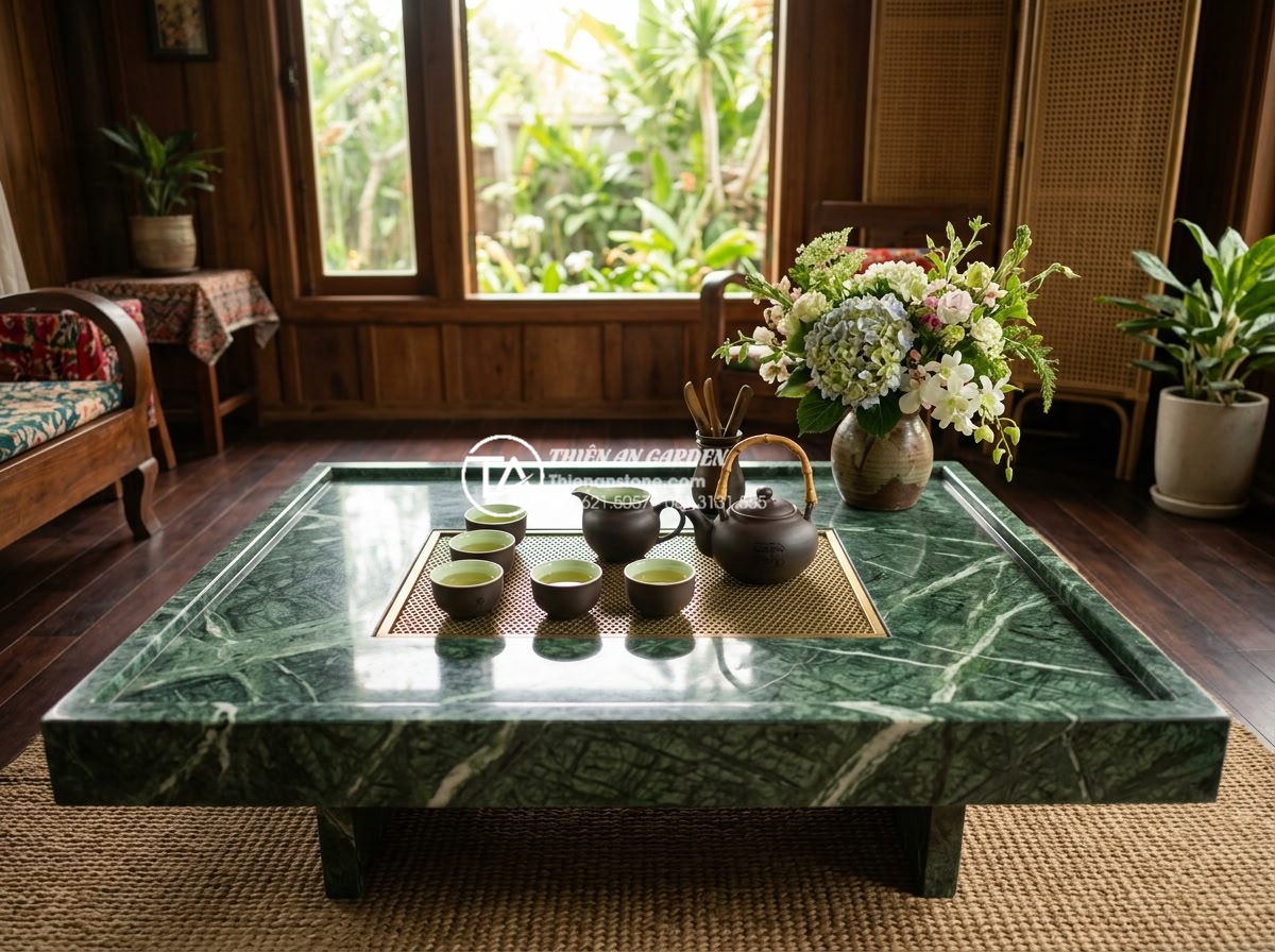Hướng dẫn 5 bước bảo quản và vệ sinh mặt bàn trà bằng đá luôn sáng bóng - Beautiful lifestyle image of a perfectly maintained shiny natural stone tea tabl