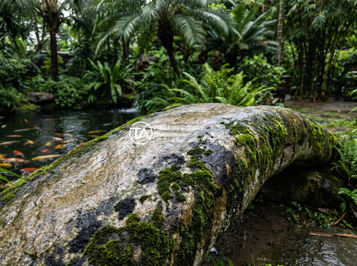 Hướng dẫn cách xử lý rêu mốc trên cầu đá sân vườn đơn giản tại nhà - High-resolution professional photograph of a natural stone garden bridge heavily