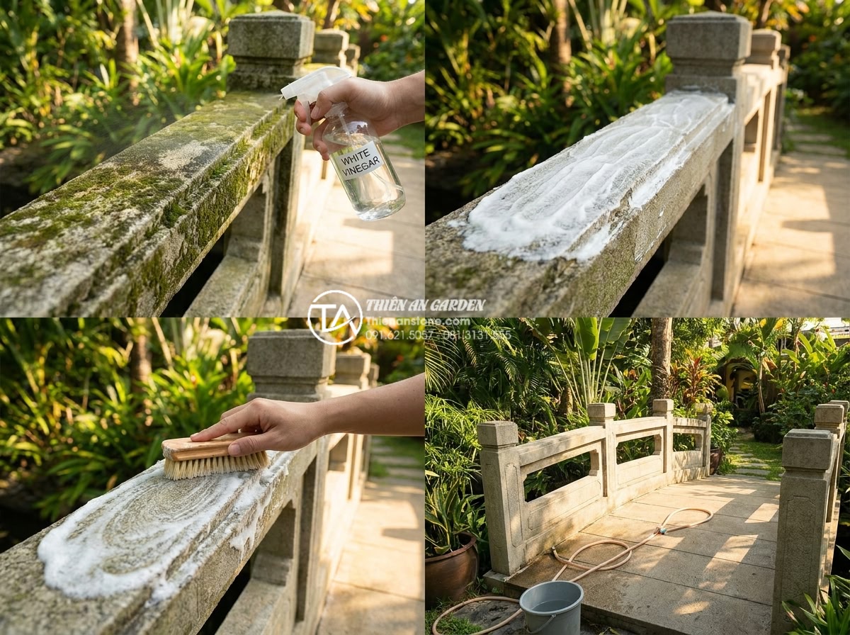 Hướng dẫn cách xử lý rêu mốc trên cầu đá sân vườn đơn giản tại nhà - Hình 4 Hướng dẫn cách xử lý rêu mốc trên cầu đá sân vườn đơn giản tại nhà - Step-by-step demonstration of natural moss removal on stone garden bridge using