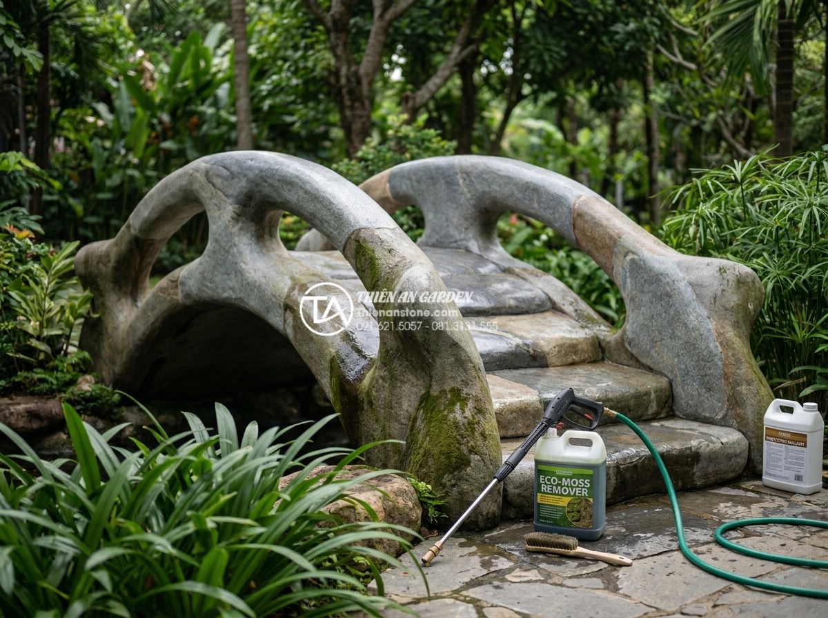 Hướng dẫn cách xử lý rêu mốc trên cầu đá sân vườn đơn giản tại nhà - Hình 5 Hướng dẫn cách xử lý rêu mốc trên cầu đá sân vườn đơn giản tại nhà - Professional application of eco-friendly moss removal chemical on large natural