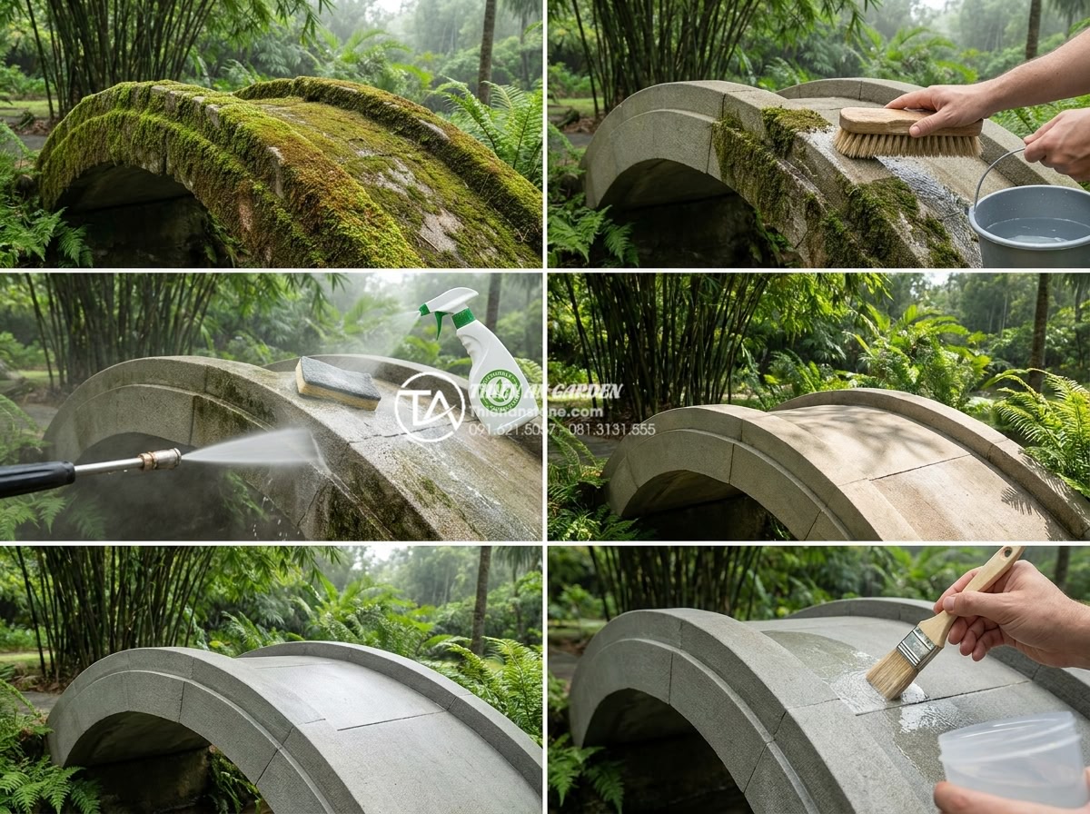 Hướng dẫn cách xử lý rêu mốc trên cầu đá sân vườn đơn giản tại nhà - Hình 6 Hướng dẫn cách xử lý rêu mốc trên cầu đá sân vườn đơn giản tại nhà - Complete 7-step visual guide infographic style showing before-during-after trans