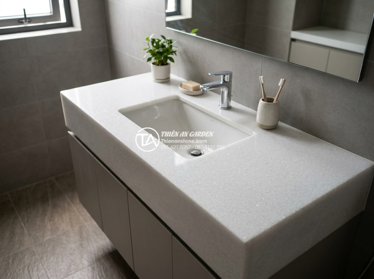 Hướng Dẫn Chọn Kích Thước Chậu Rửa Mặt Bàn Đá Phù Hợp Với Mọi Diện Tích - Close-up view of a modern bathroom interior showcasing a natural stone wash basi