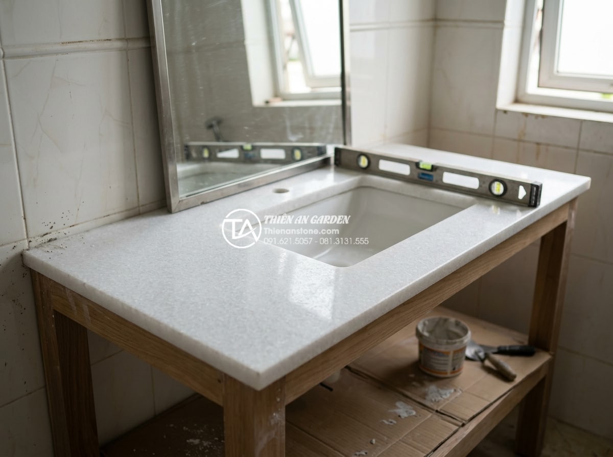 Hướng Dẫn Chọn Kích Thước Chậu Rửa Mặt Bàn Đá Phù Hợp Với Mọi Diện Tích - Detailed view of medium bathroom stone basin countertop installation process wit