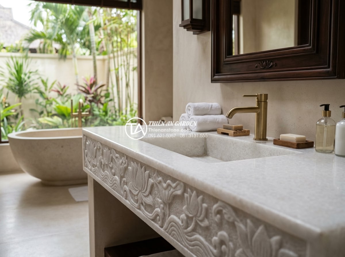 Hướng Dẫn Chọn Kích Thước Chậu Rửa Mặt Bàn Đá Phù Hợp Với Mọi Diện Tích - Luxurious large villa bathroom with oversized natural stone wash basin counterto