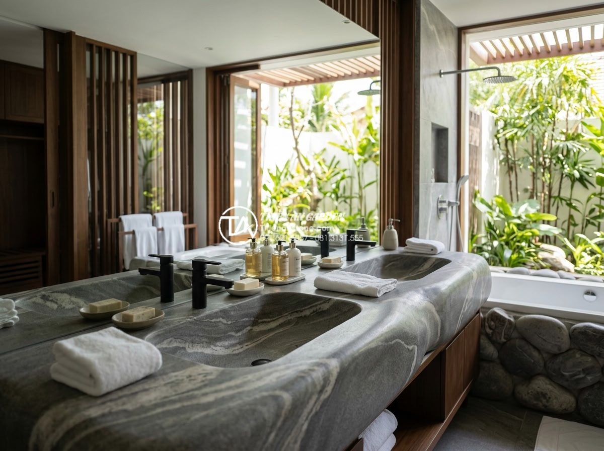 Hướng Dẫn Chọn Kích Thước Chậu Rửa Mặt Bàn Đá Phù Hợp Với Mọi Diện Tích - Opulent master bathroom in a luxury villa displaying grand stone basin counterto