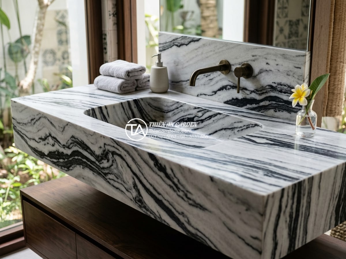 Hướng Dẫn Chọn Kích Thước Chậu Rửa Mặt Bàn Đá Phù Hợp Với Mọi Diện Tích - Elegant integrated stone basin and countertop unit in high-end design with seaml