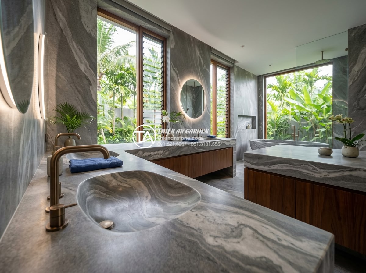 Hướng Dẫn Chọn Kích Thước Chậu Rửa Mặt Bàn Đá Phù Hợp Với Mọi Diện Tích - Wide-angle photograph of an elegant villa bathroom featuring a large natural sto