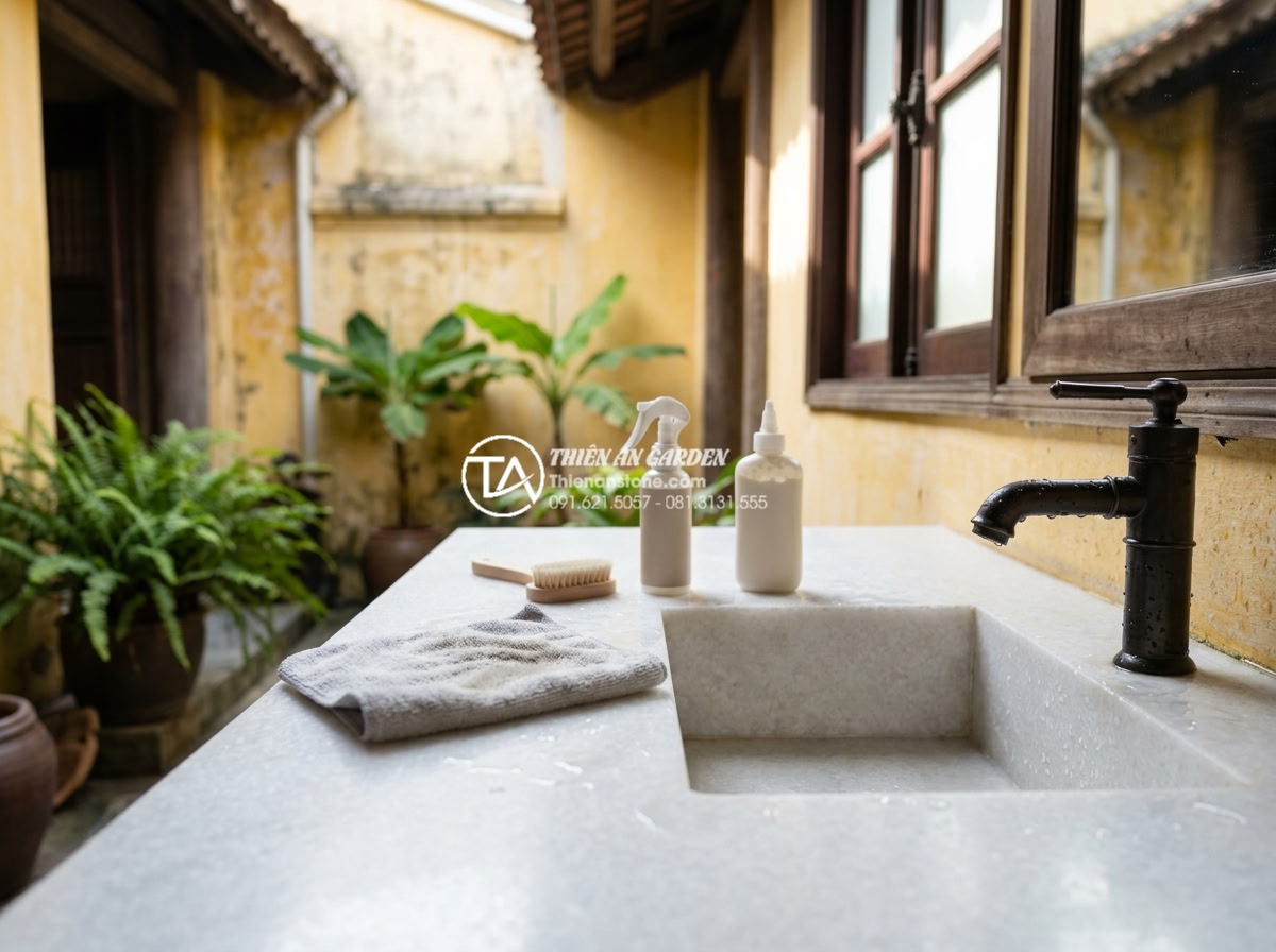 Hướng Dẫn Chọn Kích Thước Chậu Rửa Mặt Bàn Đá Phù Hợp Với Mọi Diện Tích - Maintenance tips demonstration for natural stone wash basin countertop including