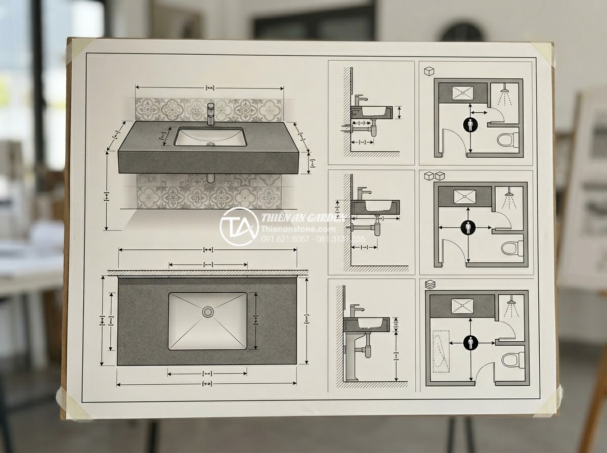 Hướng Dẫn Chọn Kích Thước Chậu Rửa Mặt Bàn Đá Phù Hợp Với Mọi Diện Tích - Technical diagram illustration of standard measurements for natural stone lavabo