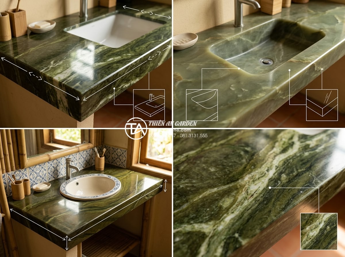 Hướng Dẫn Chọn Kích Thước Chậu Rửa Mặt Bàn Đá Phù Hợp Với Mọi Diện Tích - Comparative photo collage displaying various natural stone materials like granit