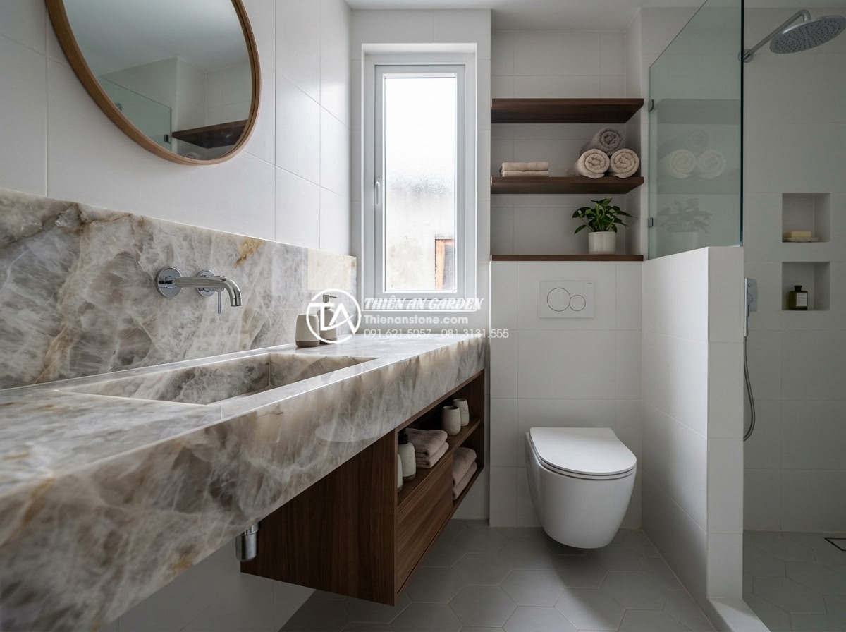 Hướng Dẫn Chọn Kích Thước Chậu Rửa Mặt Bàn Đá Phù Hợp Với Mọi Diện Tích - Compact modern small bathroom design with minimalist natural stone basin counter