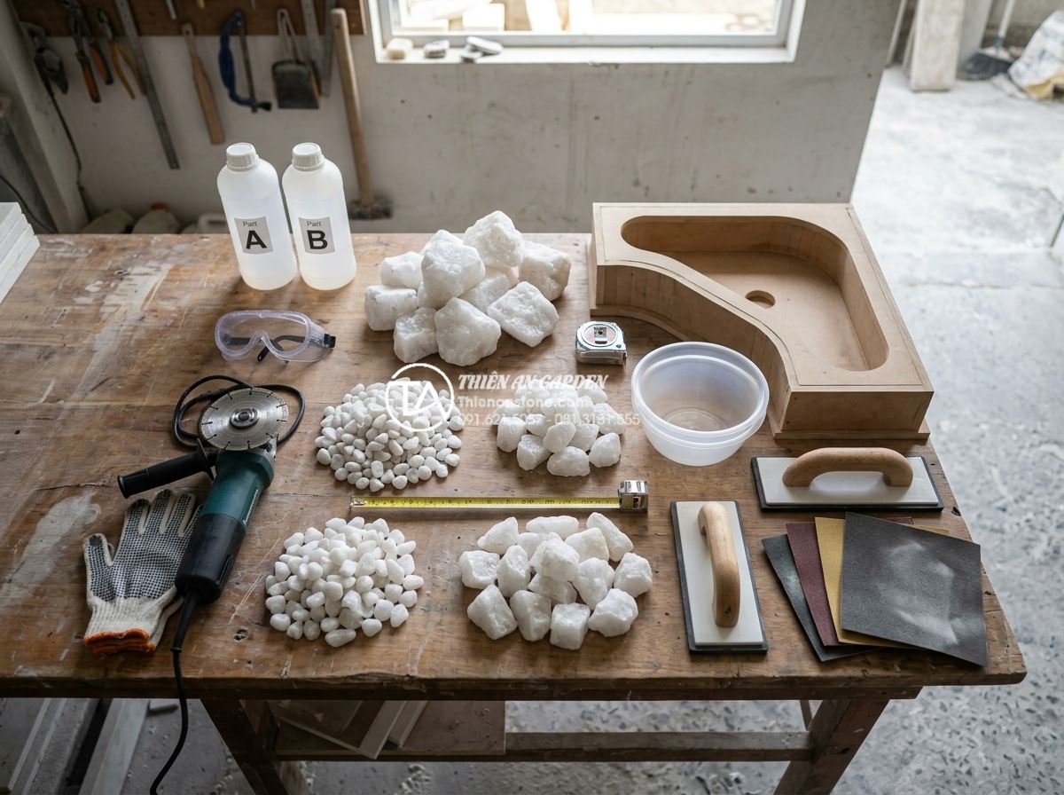 Hướng Dẫn Tự Làm Lavabo Từ Đá Cuội: Biến Sỏi Đá Thành Tác Phẩm Nghệ Thuật - Organized flat lay of all materials and tools needed for DIY pebble stone sink p