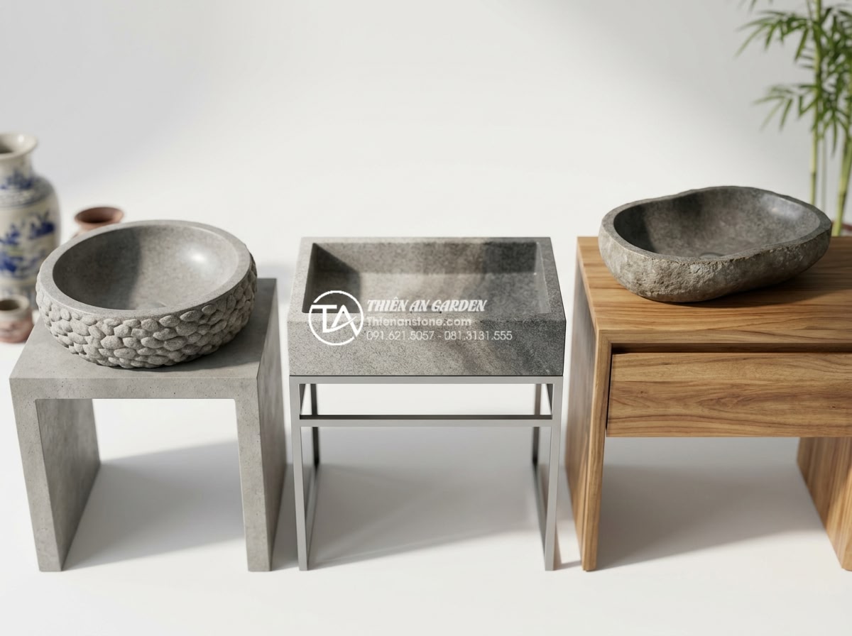 Hướng Dẫn Tự Làm Lavabo Từ Đá Cuội: Biến Sỏi Đá Thành Tác Phẩm Nghệ Thuật - Beautiful 3D rendered concept of multiple pebble stone sink designs side by side