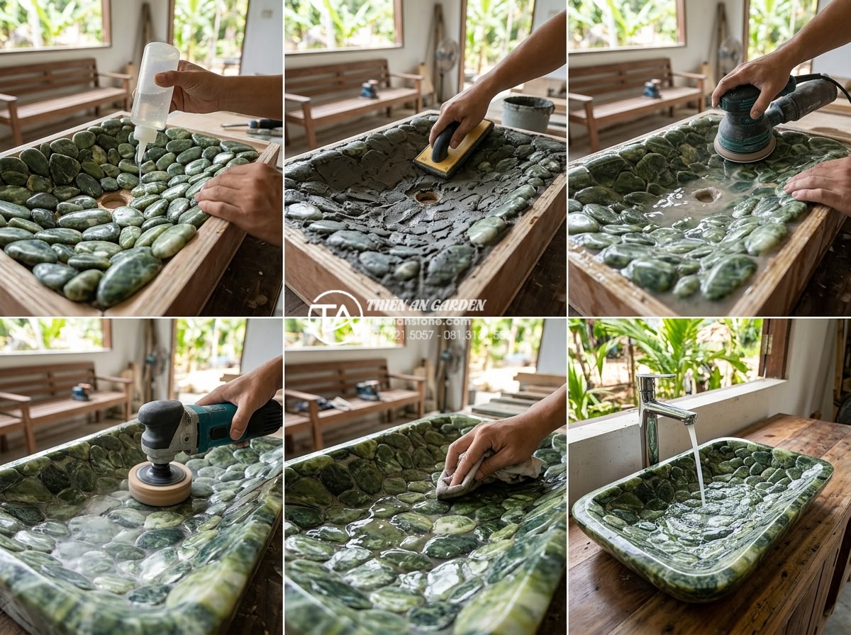 Hướng Dẫn Tự Làm Lavabo Từ Đá Cuội: Biến Sỏi Đá Thành Tác Phẩm Nghệ Thuật - Step-by-step process photo collage of DIY pebble sink construction: hands gluing
