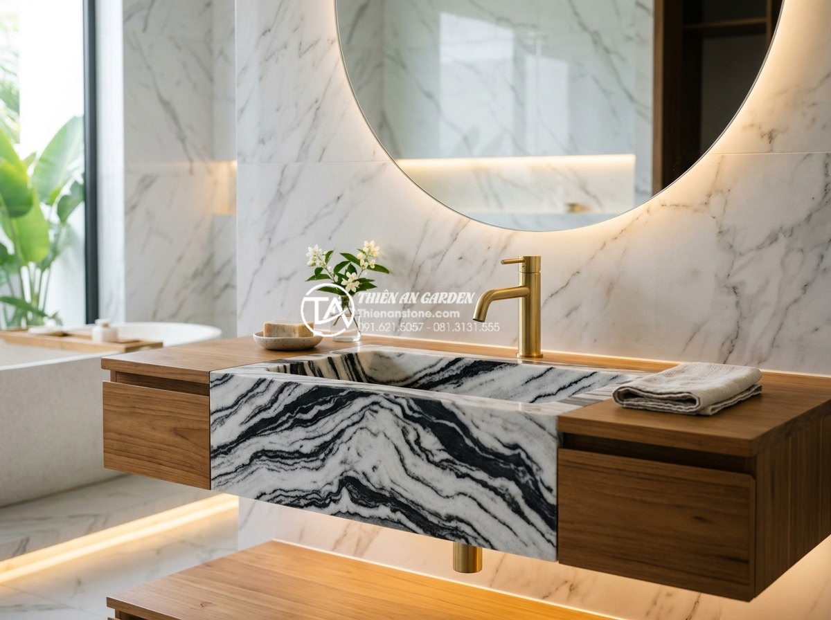 Hướng Dẫn Tự Làm Lavabo Từ Đá Cuội: Biến Sỏi Đá Thành Tác Phẩm Nghệ Thuật - Elegant installation photo of pebble stone sink in a luxurious modern bathroom w
