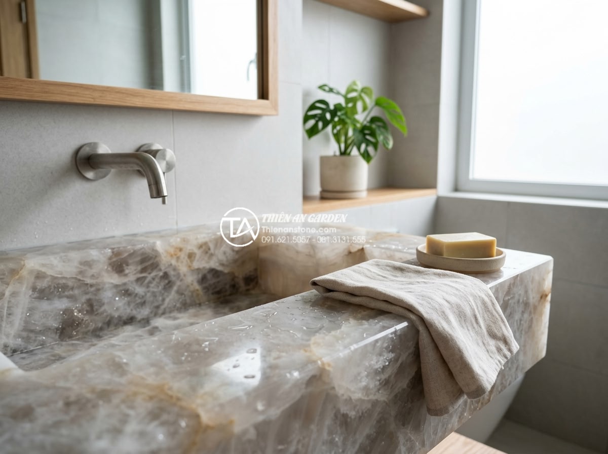 Hướng Dẫn Tự Làm Lavabo Từ Đá Cuội: Biến Sỏi Đá Thành Tác Phẩm Nghệ Thuật - Maintenance scene showing person gently cleaning natural pebble stone sink with 