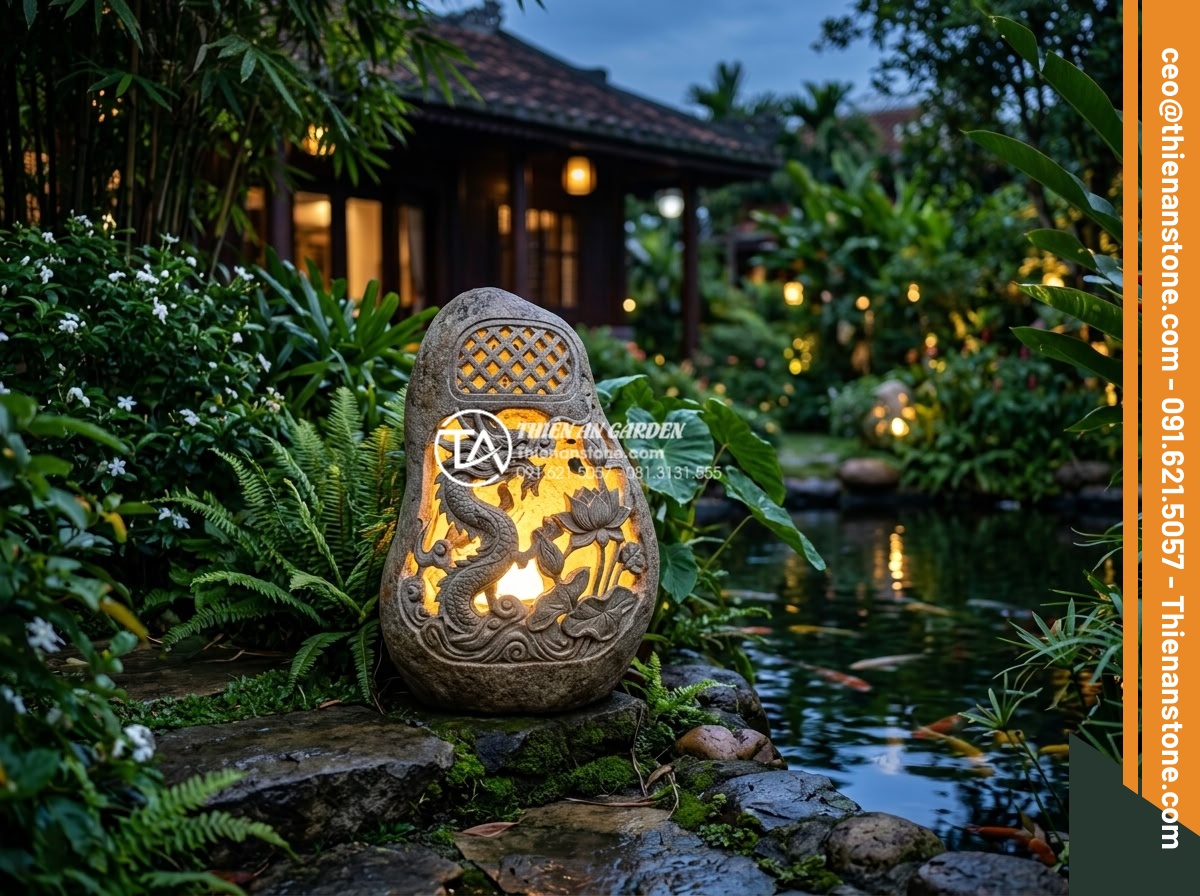 Hướng dẫn vệ sinh và bảo dưỡng đèn đá sân vườn luôn như mới - Hình 1 Hướng dẫn vệ sinh và bảo dưỡng đèn đá sân vườn luôn như mới - High-resolution professional photograph of a pristine carved natural stone garde