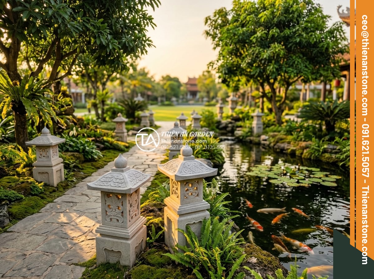 Hướng dẫn vệ sinh và bảo dưỡng đèn đá sân vườn luôn như mới - Hình 10 Hướng dẫn vệ sinh và bảo dưỡng đèn đá sân vườn luôn như mới - Inspirational wide-angle photograph of a perfectly maintained natural stone gard
