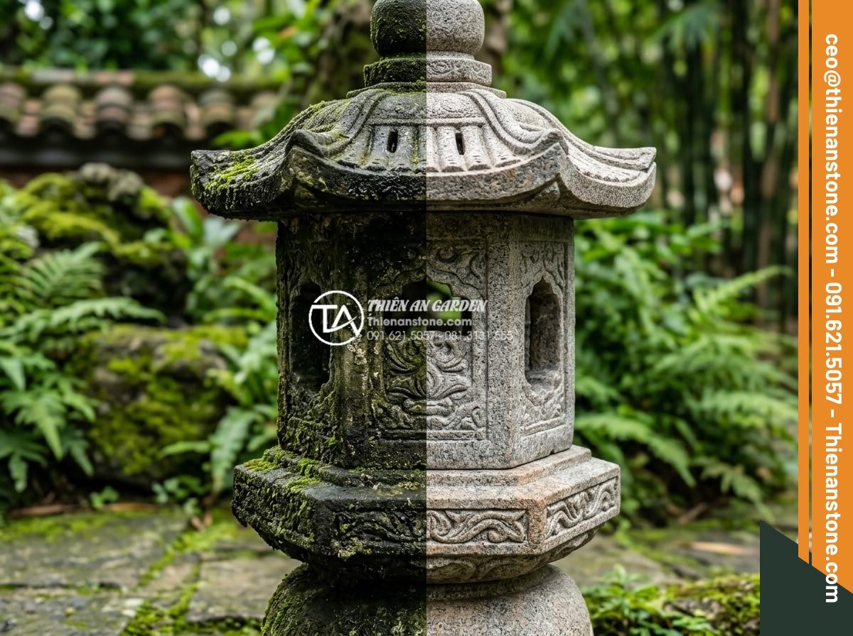 Hướng dẫn vệ sinh và bảo dưỡng đèn đá sân vườn luôn như mới - Hình 2 Hướng dẫn vệ sinh và bảo dưỡng đèn đá sân vườn luôn như mới - Close-up macro shot showing the difference between a neglected moss-covered ston