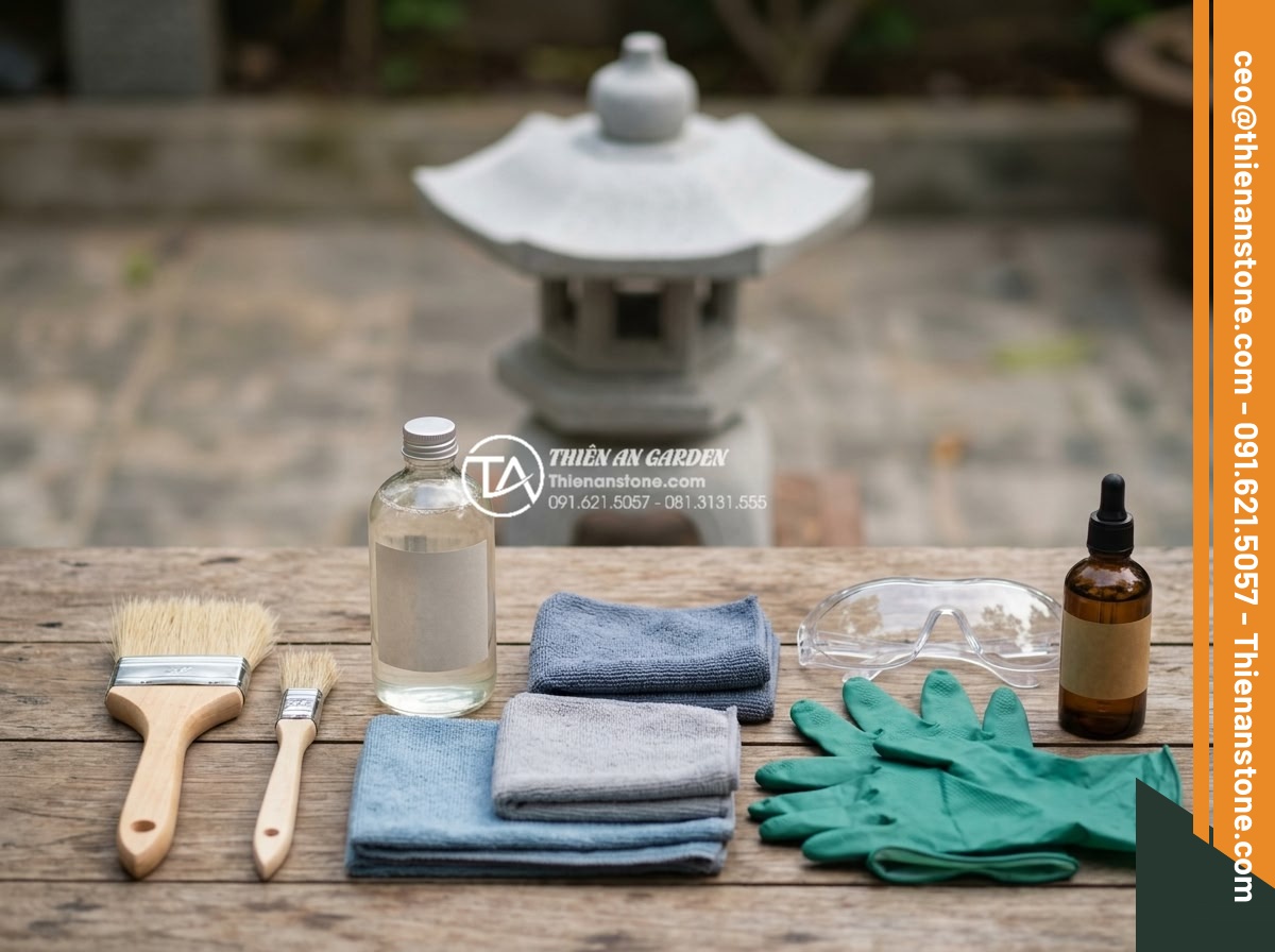 Hướng dẫn vệ sinh và bảo dưỡng đèn đá sân vườn luôn như mới - Hình 5 Hướng dẫn vệ sinh và bảo dưỡng đèn đá sân vườn luôn như mới - Organized flat-lay photograph of professional stone cleaning kit for natural sto