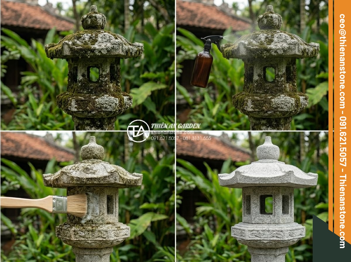 Hướng dẫn vệ sinh và bảo dưỡng đèn đá sân vườn luôn như mới - Hình 7 Hướng dẫn vệ sinh và bảo dưỡng đèn đá sân vườn luôn như mới - Professional before-during-after sequence images of moss and lichen removal proc