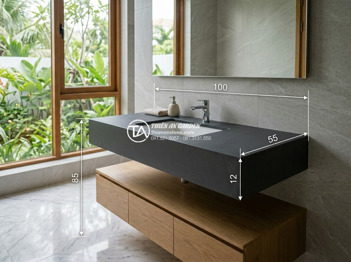 Kích Thước Bàn Đá Lavabo Tiêu Chuẩn: 5 Lưu Ý Vàng Khi Thi Công Lắp Đặt - High-resolution photograph of a standard natural stone lavabo countertop with pr
