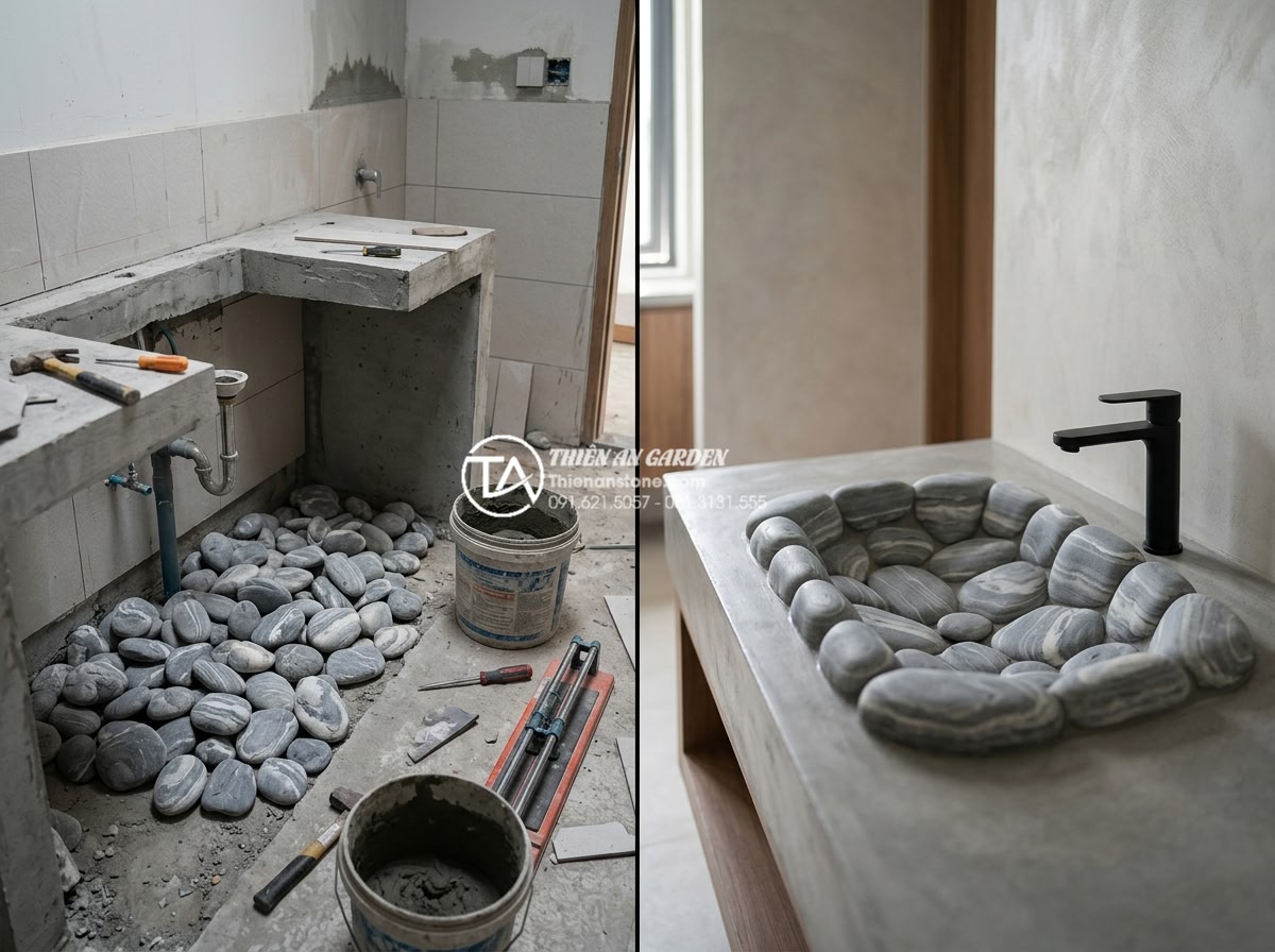 Kích Thước Bàn Đá Lavabo Tiêu Chuẩn: 5 Lưu Ý Vàng Khi Thi Công Lắp Đặt - Before and after comparison of professional lavabo stone installation following 