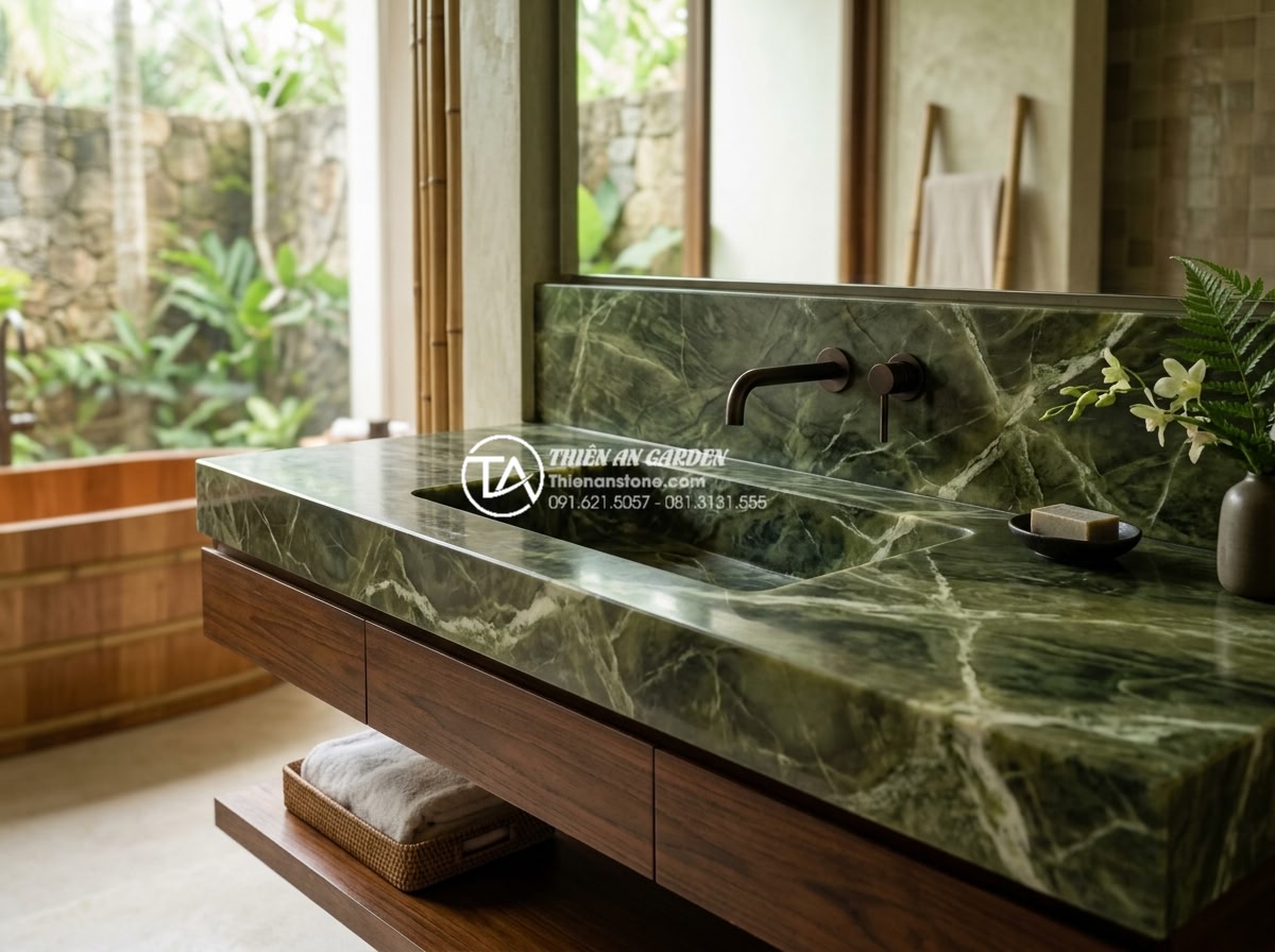 Kích Thước Bàn Đá Lavabo Tiêu Chuẩn: 5 Lưu Ý Vàng Khi Thi Công Lắp Đặt - Luxurious natural stone lavabo countertop made from premium granite showing perf