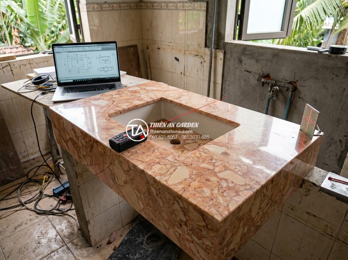 Kích Thước Bàn Đá Lavabo Tiêu Chuẩn: 5 Lưu Ý Vàng Khi Thi Công Lắp Đặt - Technical drawing and measurement process of a custom stone lavabo countertop us