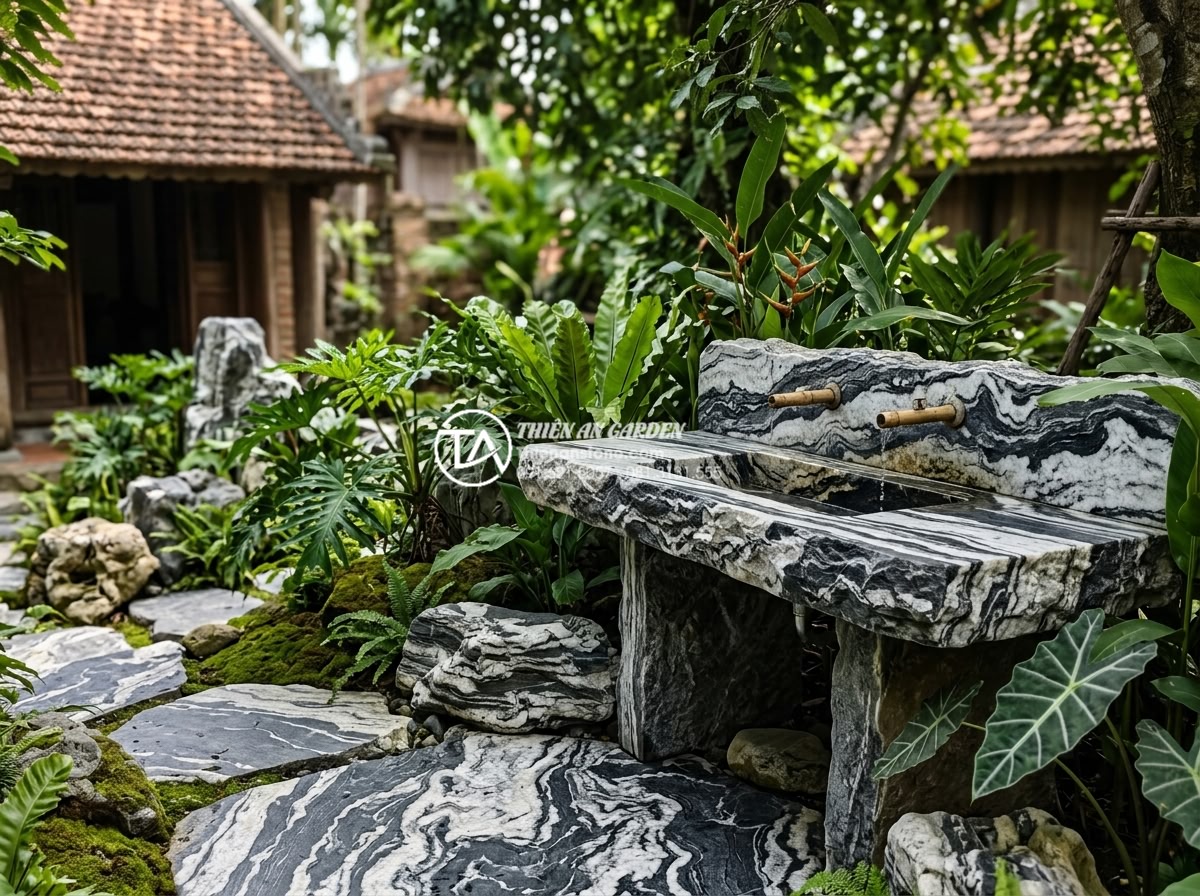 Kích Thước Bàn Đá Lavabo Tiêu Chuẩn: 5 Lưu Ý Vàng Khi Thi Công Lắp Đặt - Integration of stone lavabo countertop with outdoor garden stone elements, featu