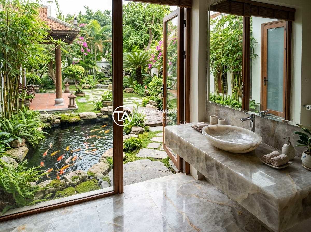 Kích Thước Bàn Đá Lavabo Tiêu Chuẩn: 5 Lưu Ý Vàng Khi Thi Công Lắp Đặt - Panoramic view of a villa bathroom lavabo overlooking a beautifully designed sto